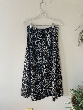 MENG DESIGN Scribble Print A-Line Midi Skirt Black White Artsy Skirt Size M